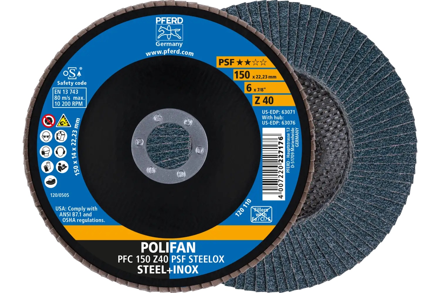 Picture of Pferd Flap Disc, 6" x 7/8, Z PSF Steelox, 40 Grit, T29, Conical, Zirconia